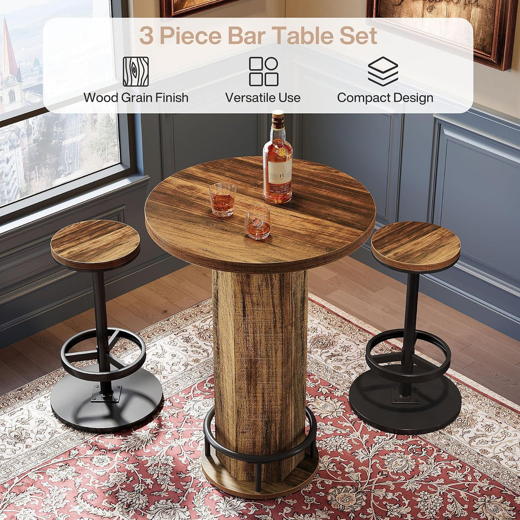 Tribesigns Round Bar Table with Chairs, Industrial Bistro Sets with 2 barstools, Pub Cocktail Table with Metal Ring Footrest for Kitchen Nook, Apartment, Small Space