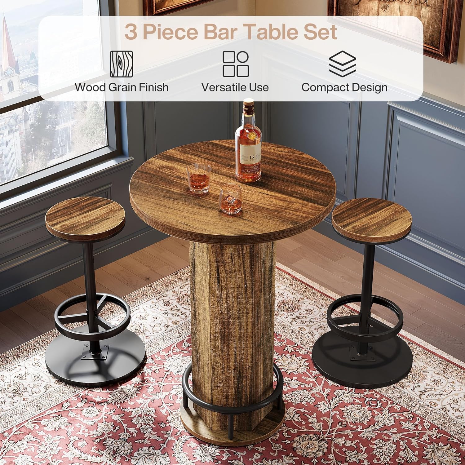 Tribesigns Round Bar Table Set of 2, Industrial Bistro Sets with 2 barstools, Pub Cocktail Table with Metal Ring Footrest for Kitchen Nook, Apartment, Small Space
