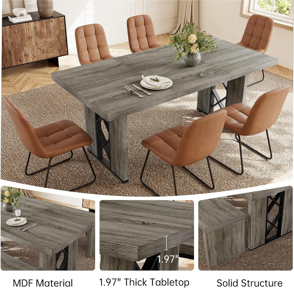 HIPIHOM 7-Piece Dining Table Set for 6 People, 70.8' MDF Kitchen Table with 6 Upholstered Chairs, Space-Saving for Dining Room, Breakfast Nook(Grey Table+6 Brown Chairs)