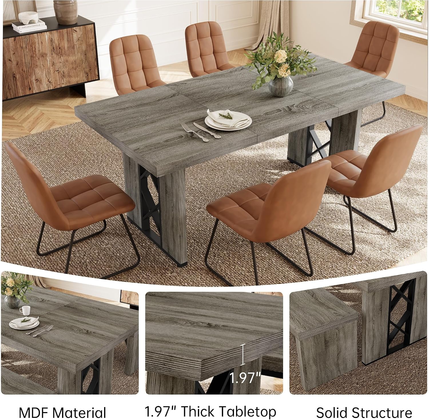 HIPIHOM 7-Piece Dining Table Set for 6 People, 70.8' MDF Kitchen Table with 6 Upholstered Chairs, Space-Saving for Dining Room, Breakfast Nook(Grey Table+6 Brown Chairs)