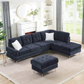 102' L-Shaped Sectional Coch with Chaise & Storage Ottoman, 4-Seater Chenille Upholstered Sofa Couch with Metal Legs & Copper Rivets, Sectional Couches for Living Room with Pillow Back, Navy Bule
