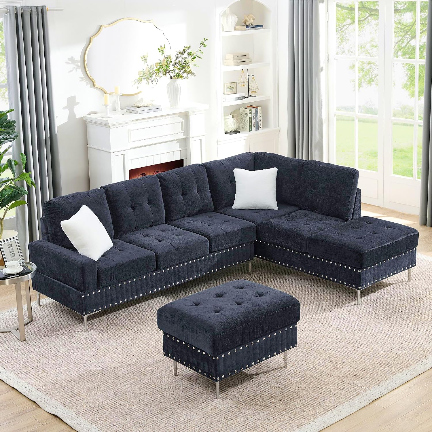 102' L-Shaped Sectional Coch with Chaise & Storage Ottoman, 4-Seater Chenille Upholstered Sofa Couch with Metal Legs & Copper Rivets, Sectional Couches for Living Room with Pillow Back, Navy Bule