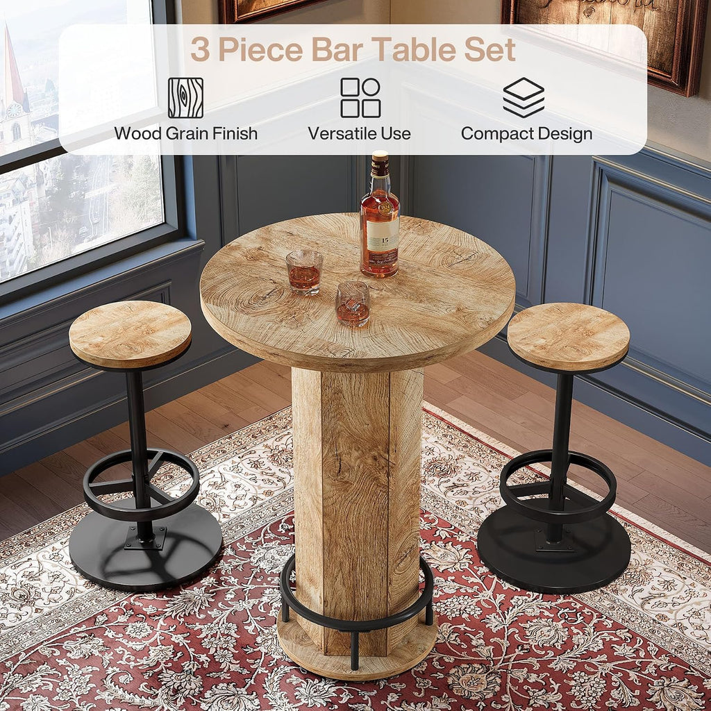 Tribesigns Round Bar Table with Chairs, Industrial Bistro Sets with 2 barstools, Pub Cocktail Table with Metal Ring Footrest for Kitchen Nook, Apartment, Small Space