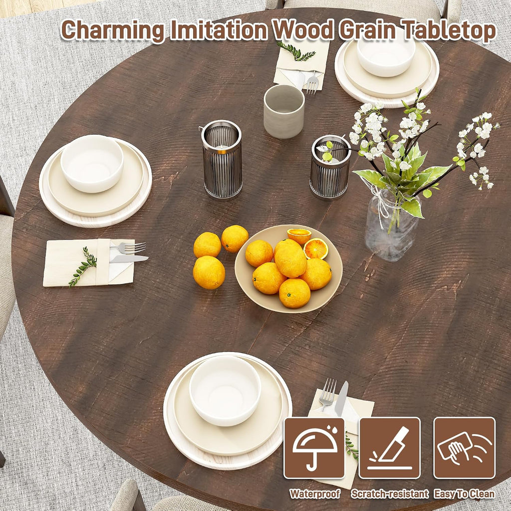 jiteentarou Round Wood Dining Table for Kitchen,Dining Room,Living Room,Farmhouse Dinner Tables W/Thickened Brown Waterproof Tabletop for 4 People,47 inch Rustic Kitchen Table W/Metal Support
