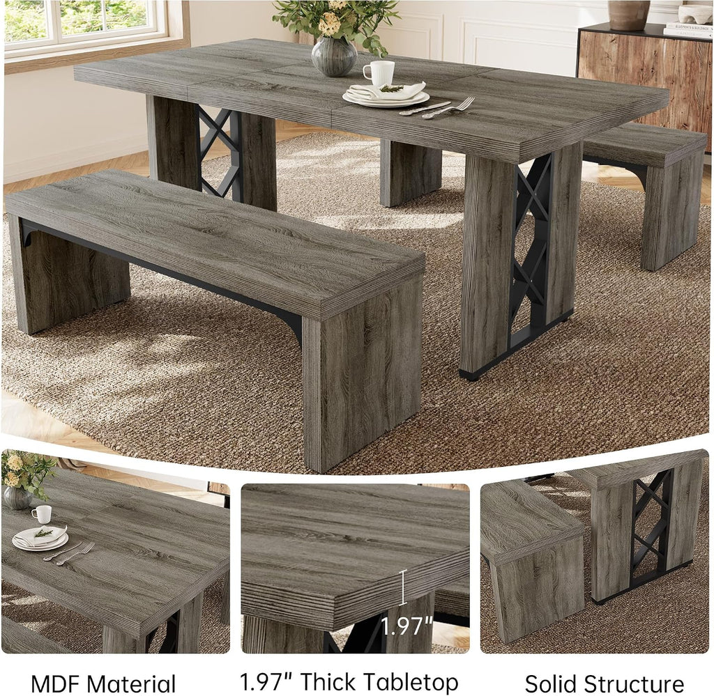 HIPIHOM 3-Piece Dining Table Set for 6 People, 70.8'' Rectangle Kitchen Table with 2 Benches for Breakfast Nook, Dining Room Furniture(Grey Table+2 Benches)