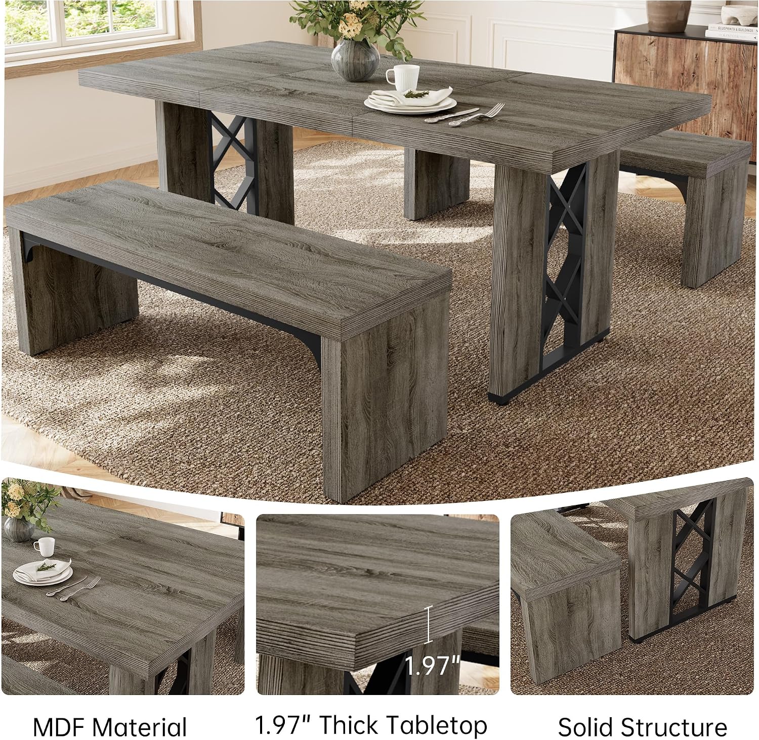 HIPIHOM 3-Piece Dining Table Set for 6 People, 70.8'' Rectangle Kitchen Table with 2 Benches for Breakfast Nook, Dining Room Furniture(Grey Table+2 Benches)
