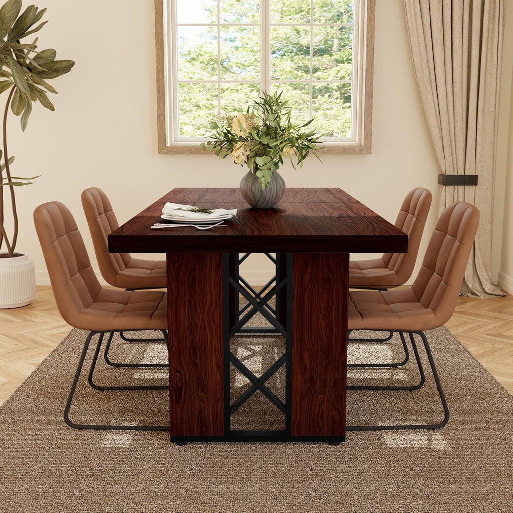 HIPIHOM 7-Piece Dining Table Set for 6 People, 70.8' MDF Kitchen Table with 6 Upholstered Chairs, Space-Saving for Dining Room, Breakfast Nook(Walnut Table+6 Brown Chairs)
