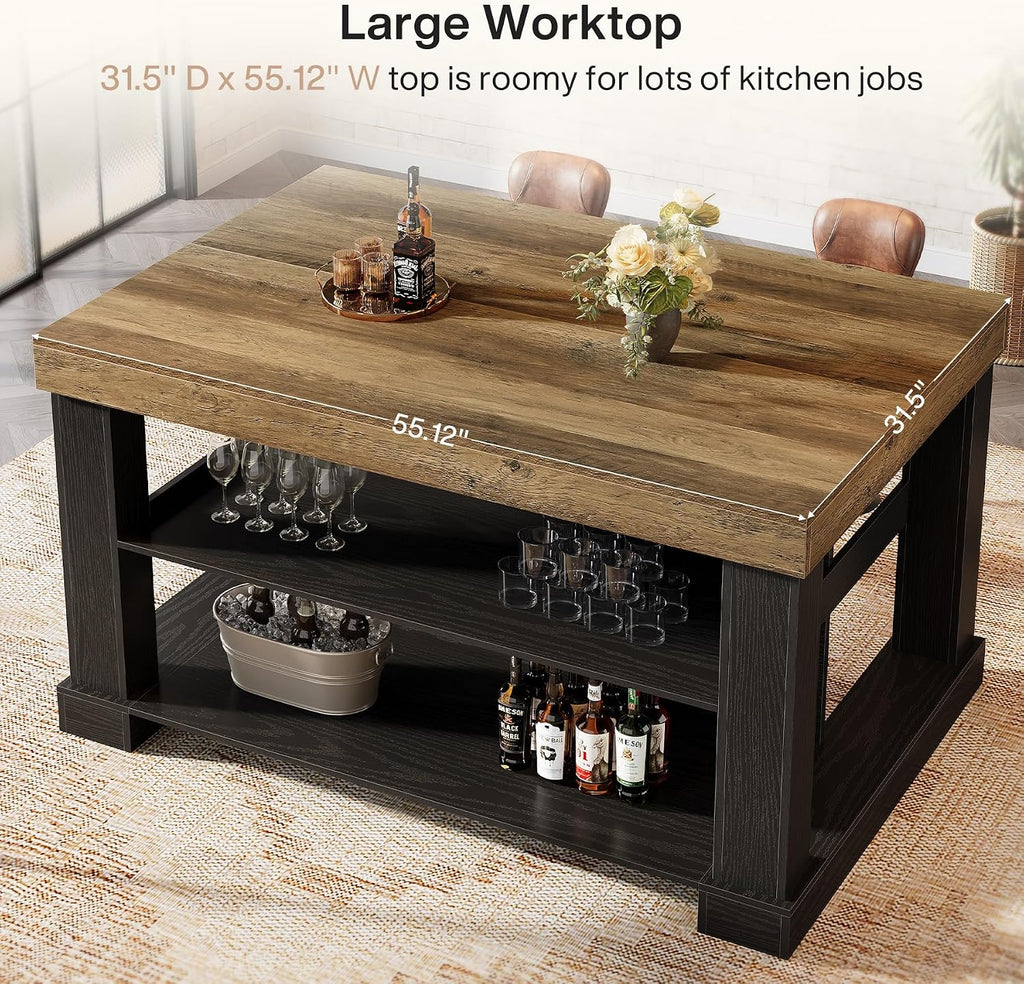 Tribesigns Kitchen Island with 3 Shelves, 55 Inches Width Kitchen Shelf with Large Worktop, Stable Wooden Structure, Farmhouse Style, Easy to Assemble, Black and Brown