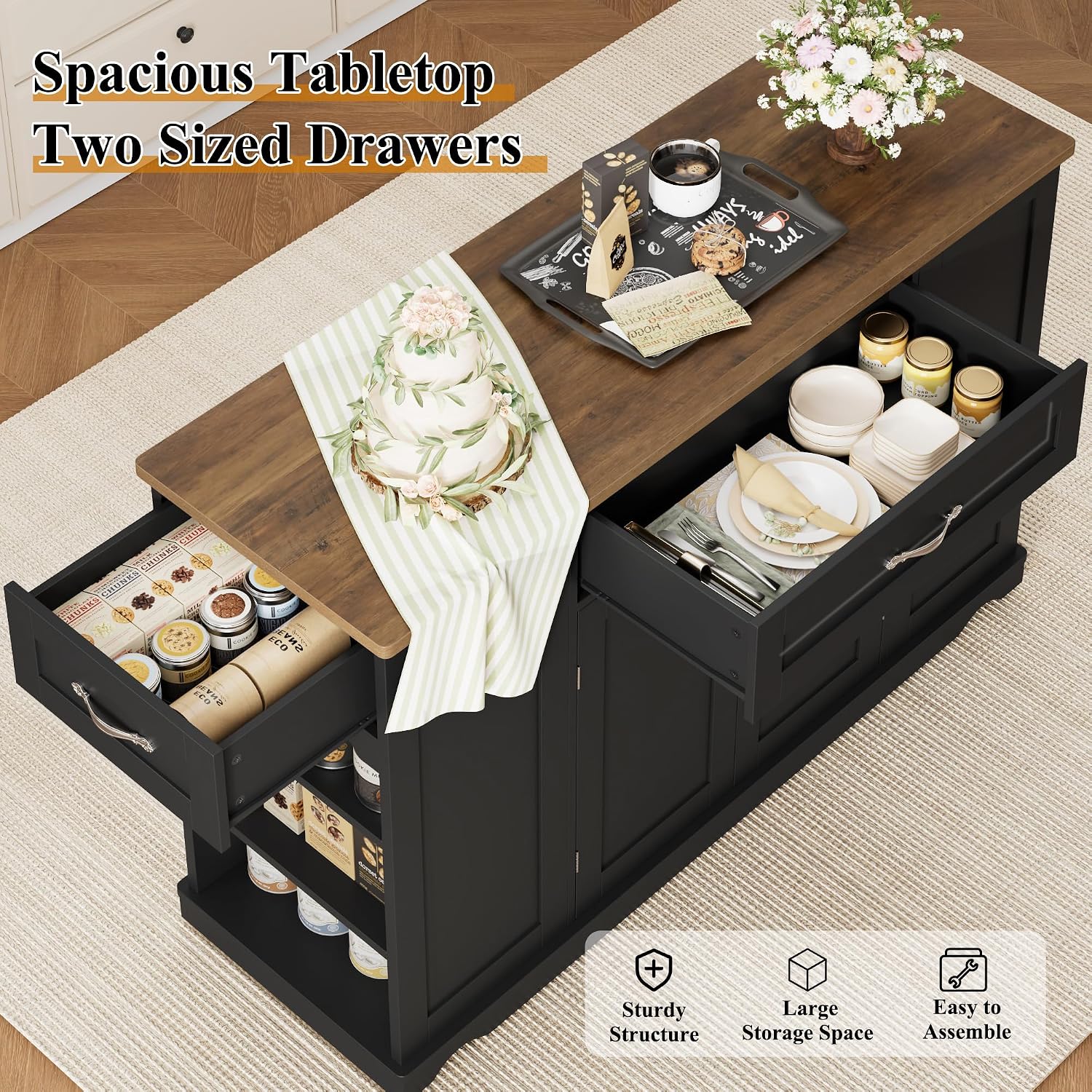 HOSTACK Kitchen Island Cart with Storage, 47'' Kitchen Storage Island on Wheels with 2 Drawers, Rolling Island Table with Adjustable Shelves, Mobile Buffet Sideboard Cabinet for Dining Room, Black