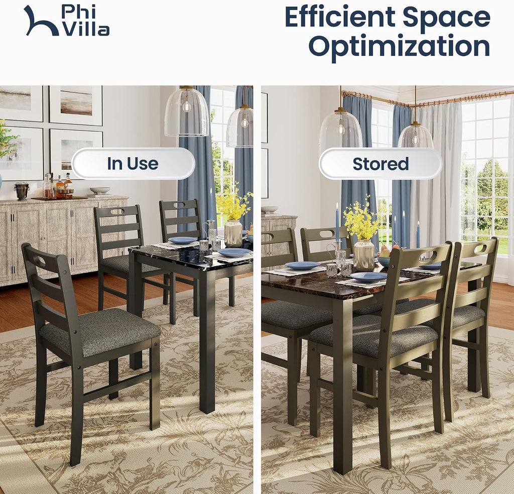 PHI VILLA Solid Wood Dining Table Set for 4, Marble Design Kitchen Table Chairs Set of 4, 5 Piece Space-Saving Dining Room Table Set for Apartment, Emperador Dark Marble& Olive