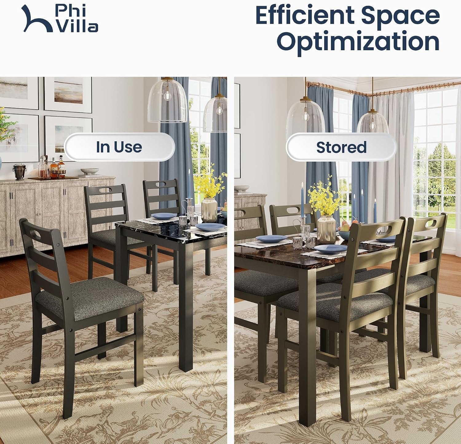 PHI VILLA Solid Wood Dining Table Set for 4, Marble Design Kitchen Table Chairs Set of 4, 5 Piece Space-Saving Dining Room Table Set for Apartment, Emperador Dark Marble& Olive