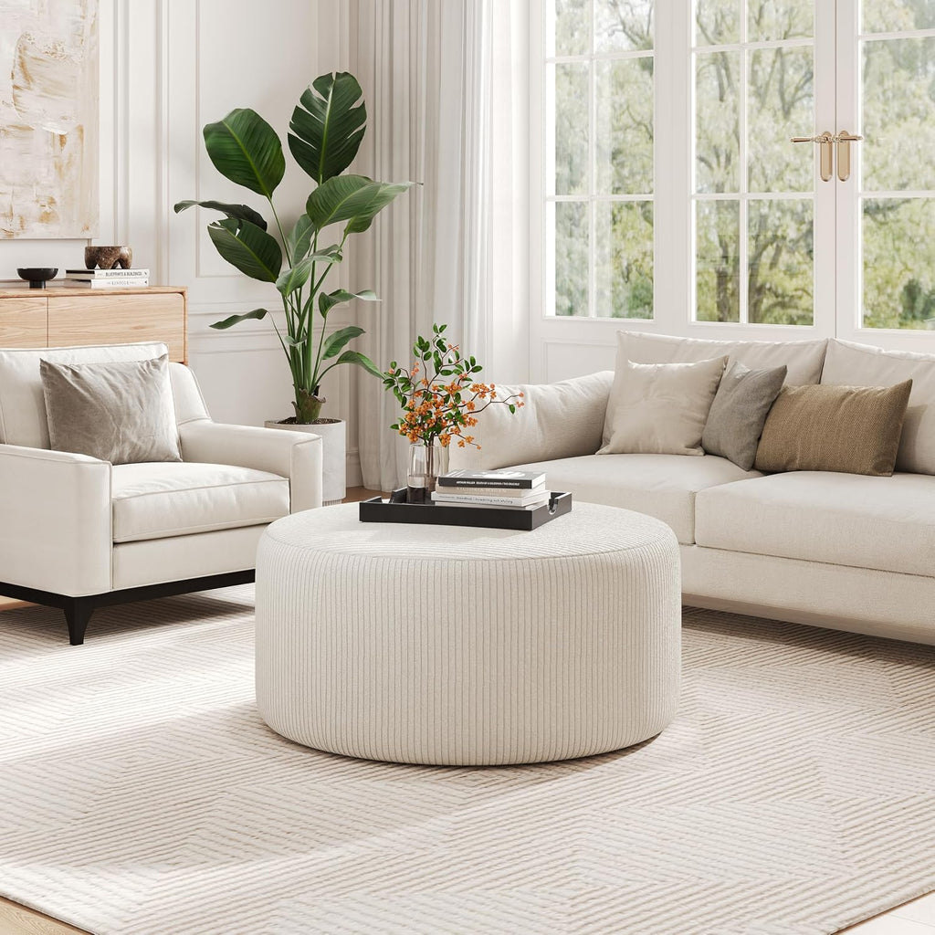 Christopher Knight Home GAVI 30' Ottoman Foot Stool, Corduroy Pouf Footstool Ottoman Seat, Upholstered Foot Chair, Round Footrest, Modern Side Table for Living Room Bedroom Home Decor, Beige