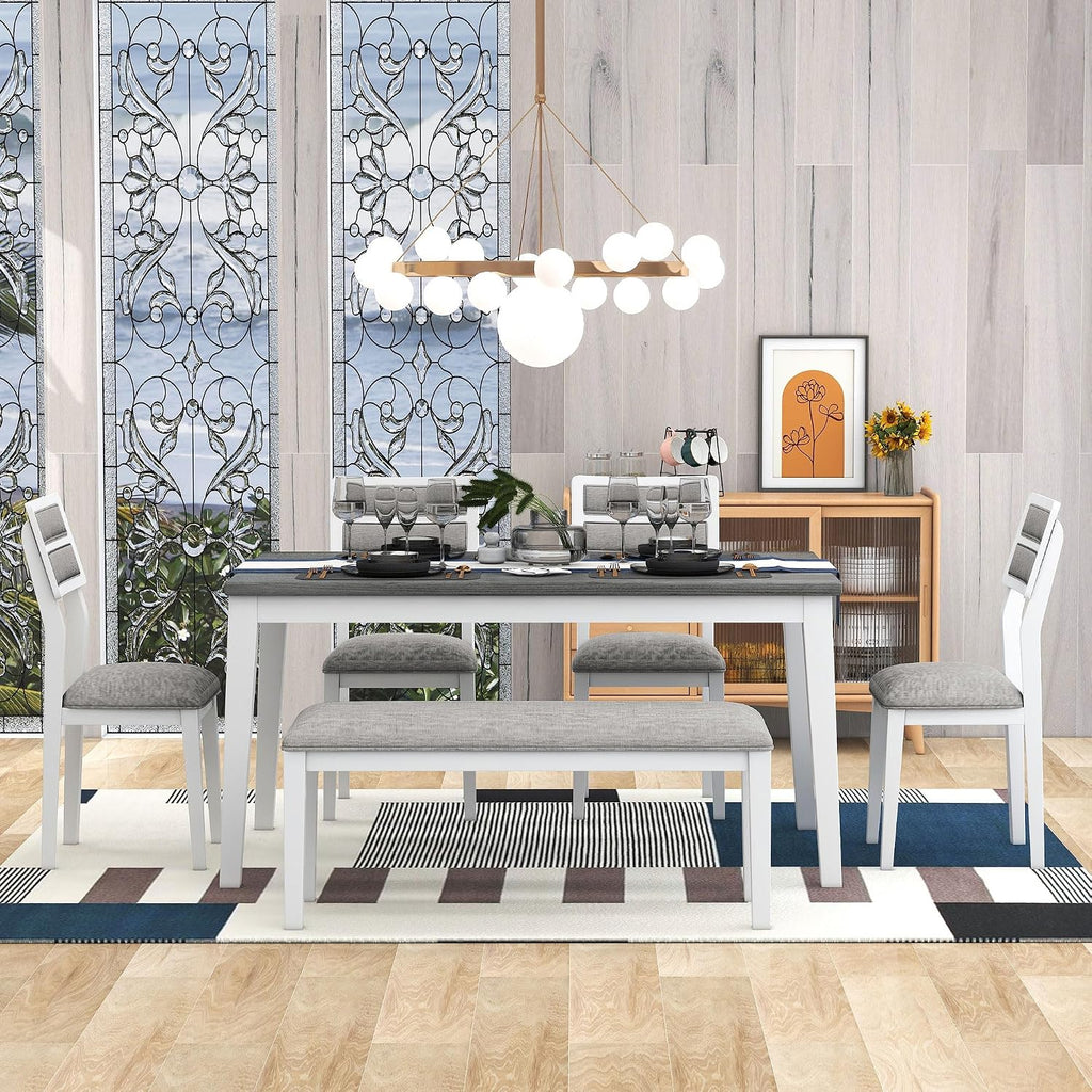 Merax 6-Piece Solid Wood Dining Table Set for 6, Farmhouse Kitchen Room Table Set with 1 Bench and 4 Upholstered Chairs, Wooden Legs Dining Set for Living Room, Kitchen - White+Gray