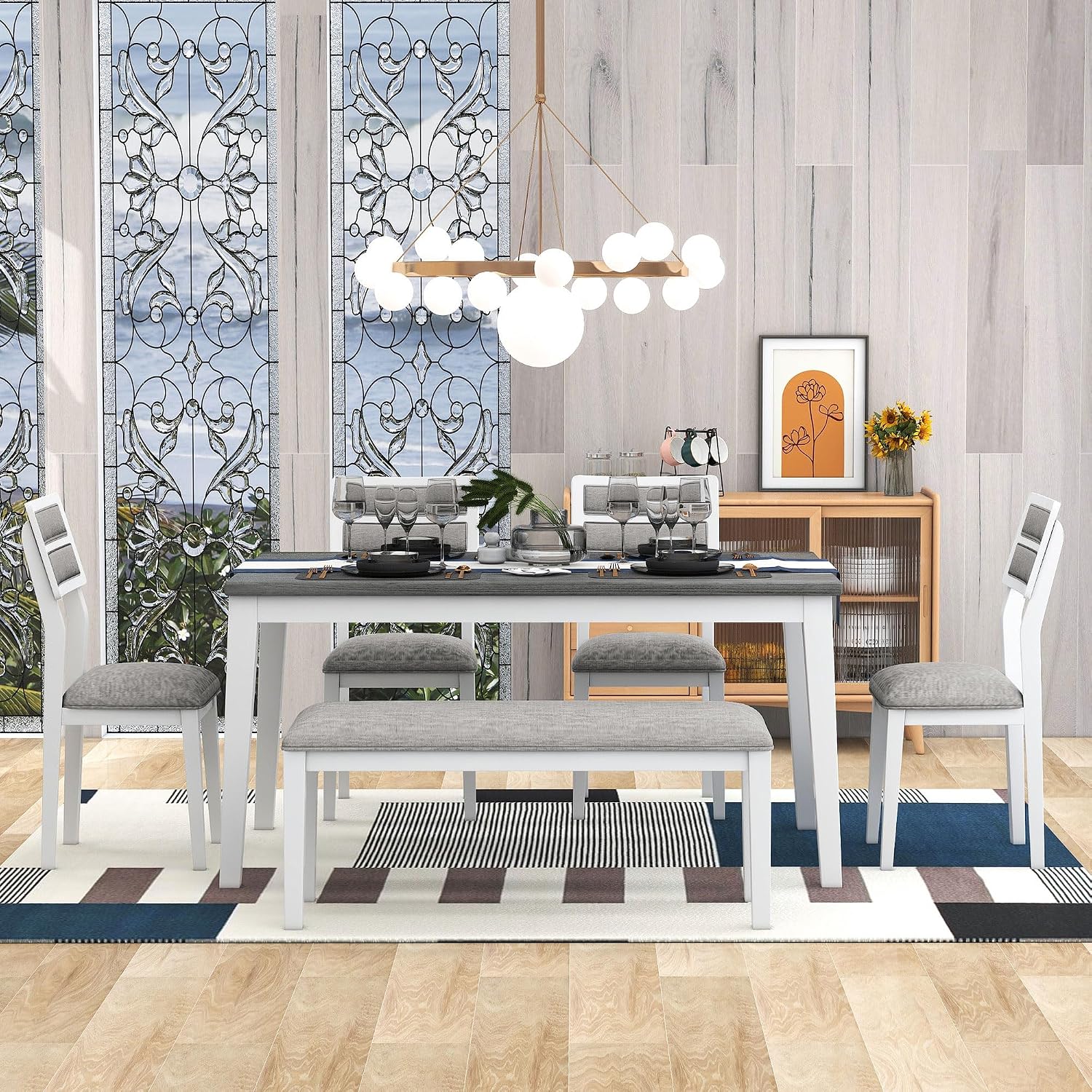 Merax 6-Piece Solid Wood Dining Table Set for 6, Farmhouse Kitchen Room Table Set with 1 Bench and 4 Upholstered Chairs, Wooden Legs Dining Set for Living Room, Kitchen - White+Gray