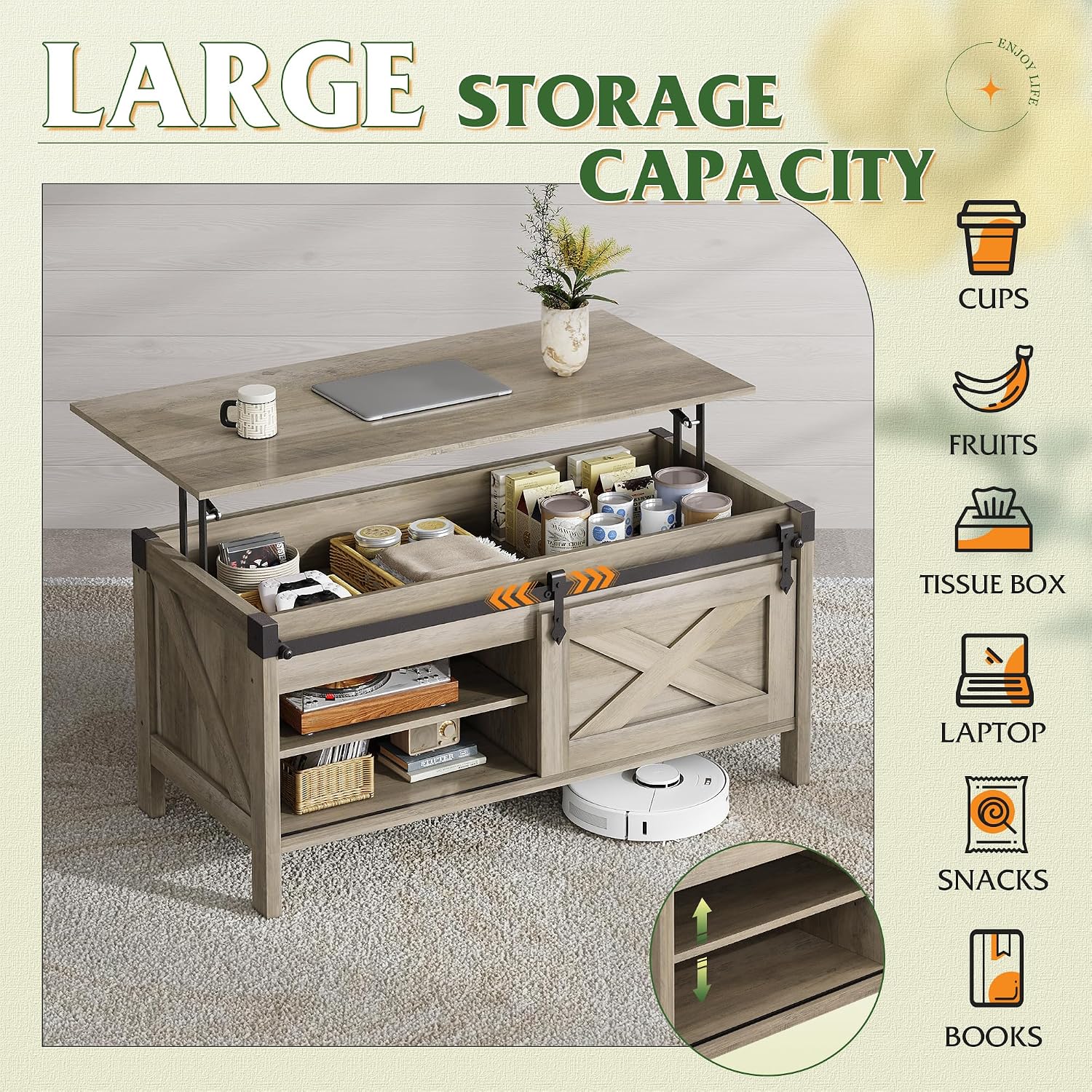 WLIVE Lift Top Coffee Table, 39.4' Farmhouse Coffee Table with Large Hidden Storage Compartment, Sliding Barn Doors, Modern Wood Center Table for Living Room, Office, Grey