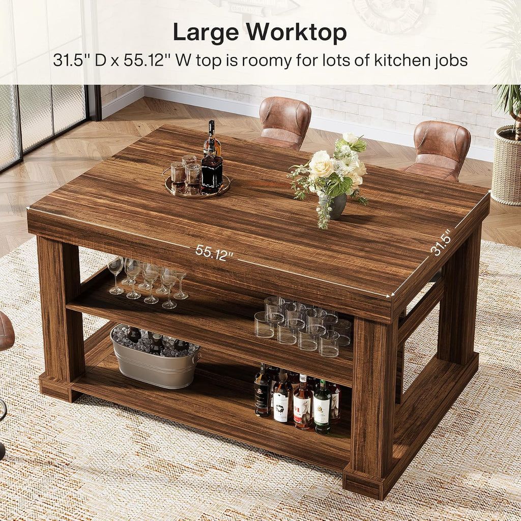 Tribesigns 55' Kitchen Island with Seating and Storage, 3-Tier Farmhouse Wood Stationary Island Table with Large Worktop & Leg Room, Coffee Bar Table with Storage Shelves for Kitchen, Dark Brown