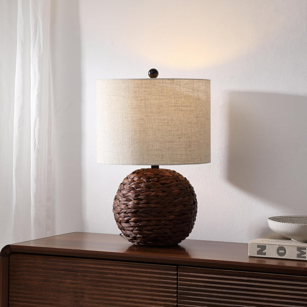 JONATHAN Y 21.5' Dark Brown Modern Coastal Woven Rattan Globe LED Table Lamp for Bedroom, Oatmeal Linen Drum Shade, LED Bulb Included, Rustic Bedside Lamp for Living Room (JYL6514B)