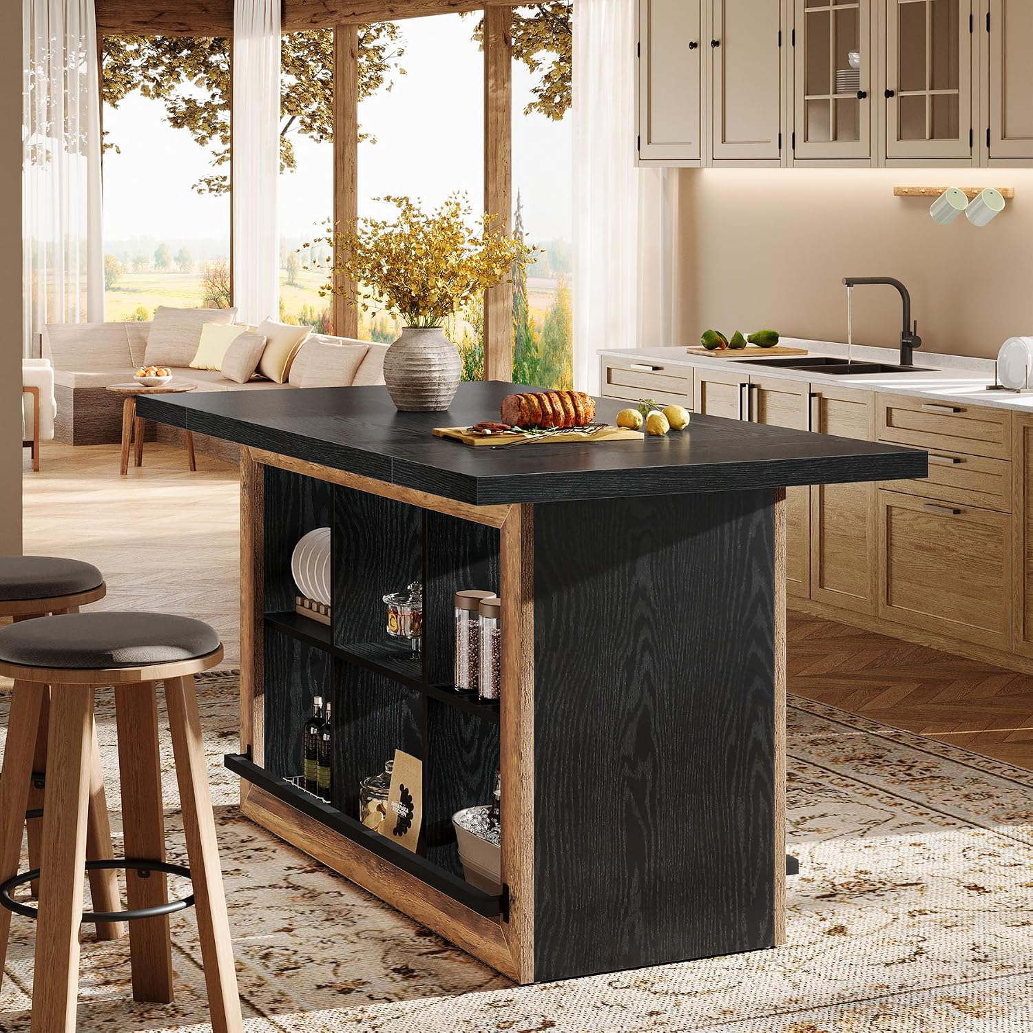 Tribesigns Kitchen Island with Storage, Counter Height Kitchen Island Table with 6 Open Cubbies and Footrests, Coffee Bar Table for Dining Room, Black&Brown