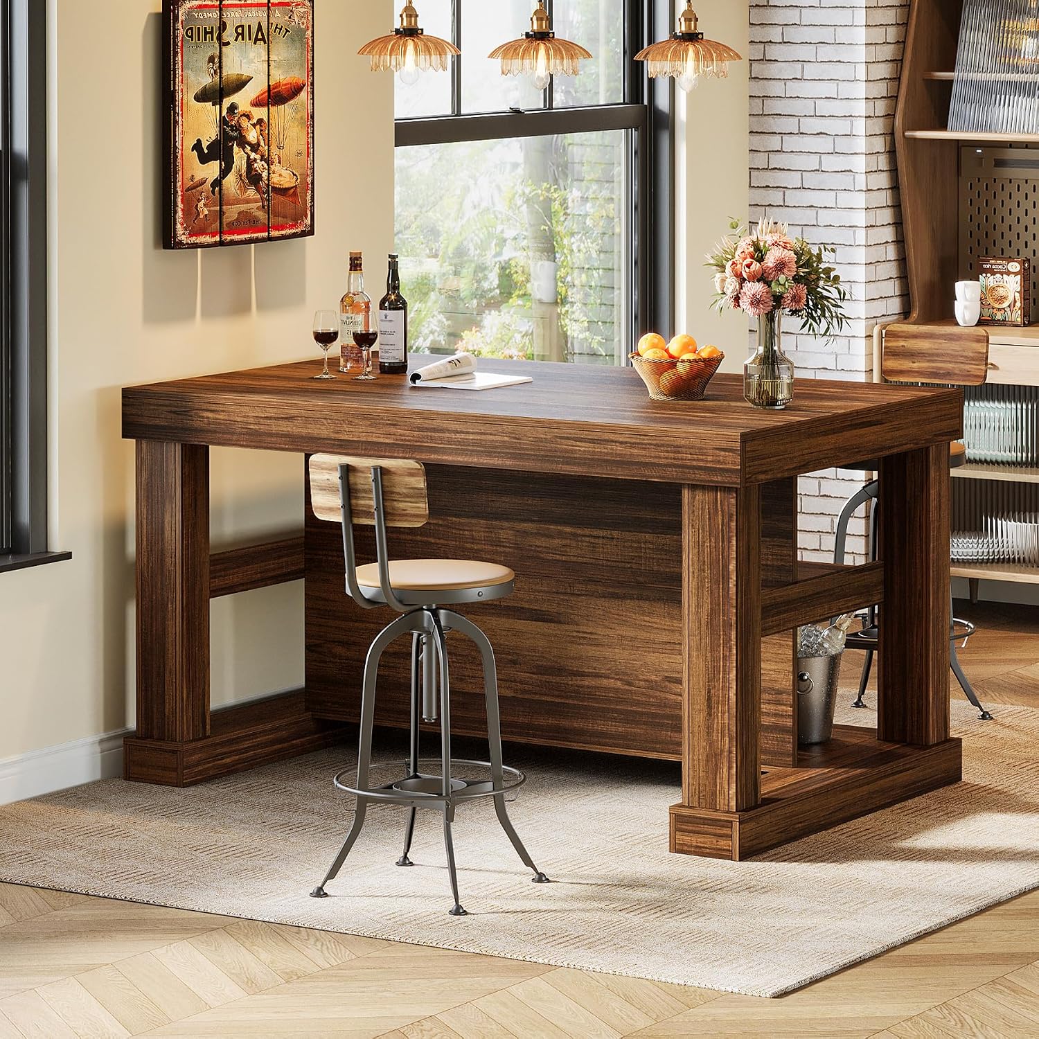 Tribesigns 55' Kitchen Island with Seating and Storage, 3-Tier Farmhouse Wood Stationary Island Table with Large Worktop & Leg Room, Coffee Bar Table with Storage Shelves for Kitchen, Dark Brown