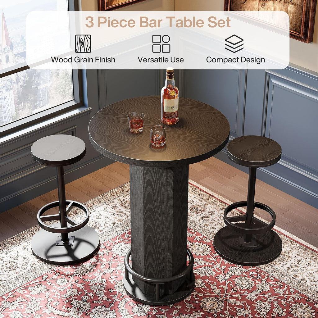 Tribesigns Round Bar Table with Chairs, Industrial Bistro Sets with 2 barstools, Pub Cocktail Table with Metal Ring Footrest for Kitchen Nook, Apartment, Small Space