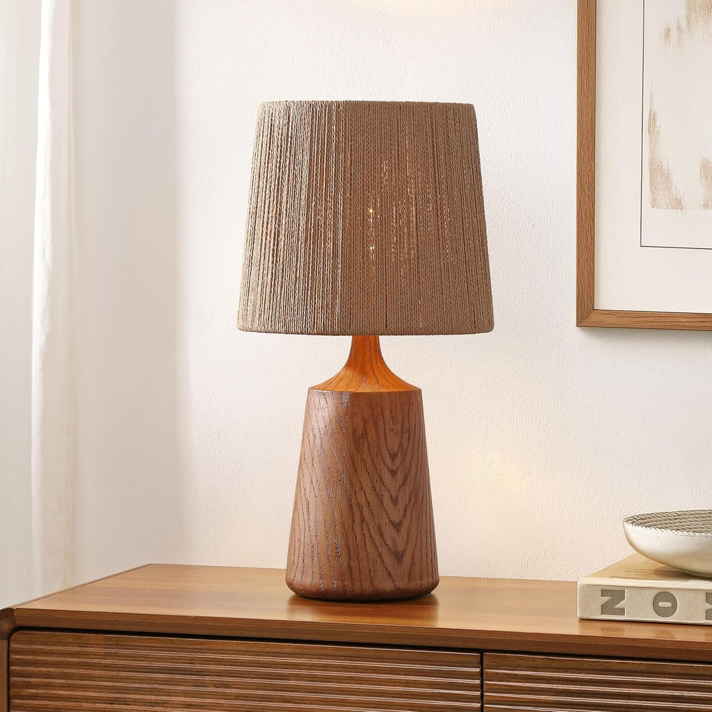 JONATHAN Y 22.25' Brown Wood Finish Classic Cottage Table Lamp for Bedroom, Tapered Resin Body with Brown Paper Rope Shade, LED Bulb Included JYL9201A