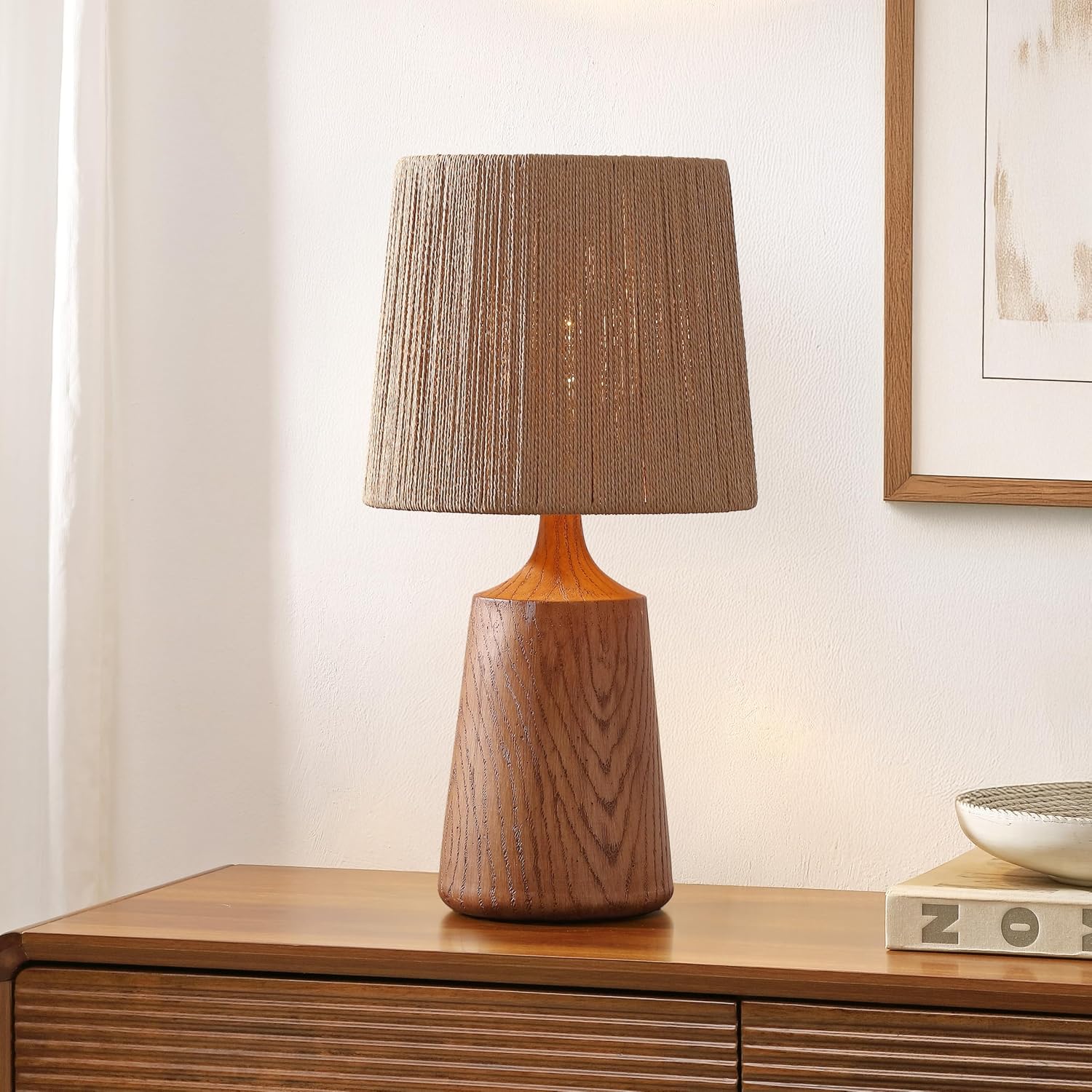 JONATHAN Y 22.25' Brown Wood Finish Classic Cottage Table Lamp for Bedroom, Tapered Resin Body with Brown Paper Rope Shade, LED Bulb Included JYL9201A