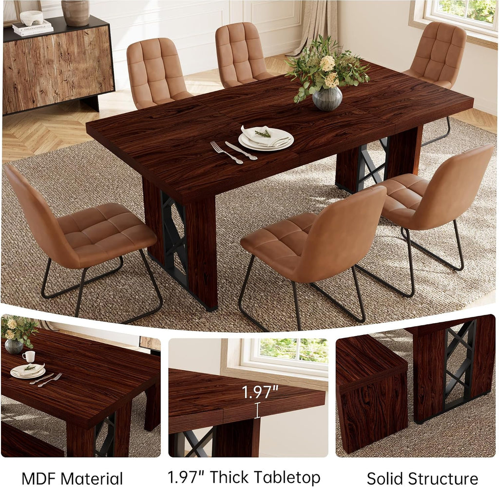 HIPIHOM 7-Piece Dining Table Set for 6 People, 70.8' MDF Kitchen Table with 6 Upholstered Chairs, Space-Saving for Dining Room, Breakfast Nook(Walnut Table+6 Brown Chairs)