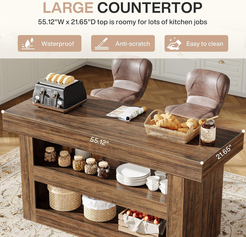 Tribesigns 55-Inch Kitchen Island with Storage, Farmhouse 3-Tier Stationary Island Table with Large Countertop, Wooden Coffee Bar Table Storage Cabinet for Kitchen, Dining Room, Living Room, Brown