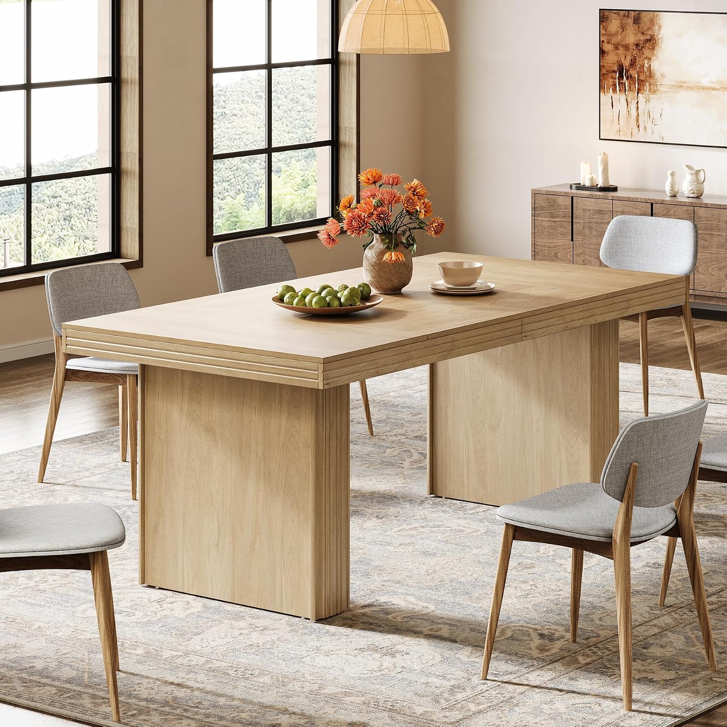 Tribesigns 63 Inches Farmhouse Dining Table for 6, Modern Kitchen Table with Fluted Line for Dining Room, Living Room, Natural
