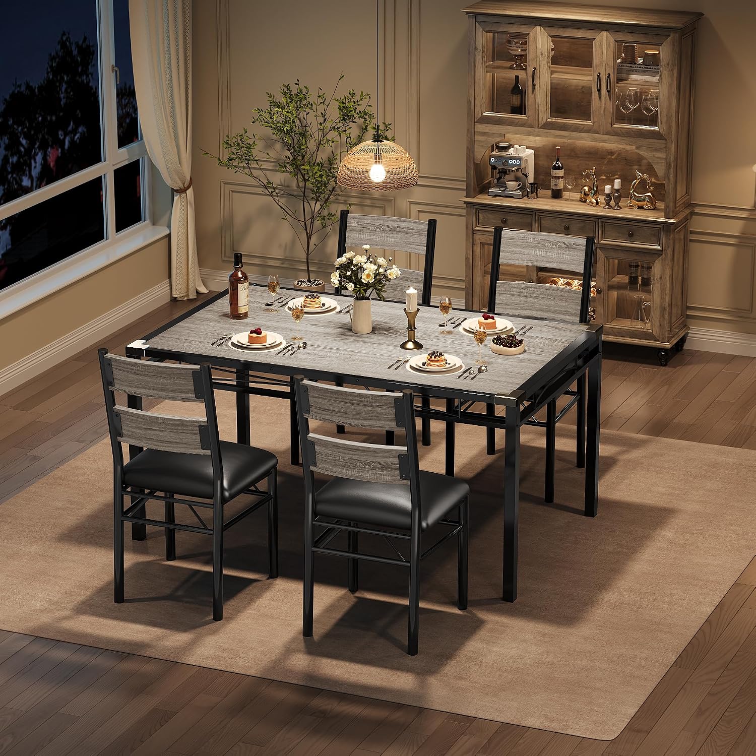 IDEALHOUSE Dining Table Set for 4, Dining Room Table Set for 4 with Corner Protector, Wood Kitchen Table and Chairs Set of 4 with Upholstered Chairs for, Kitchen Room, Apartment, Retro Gray