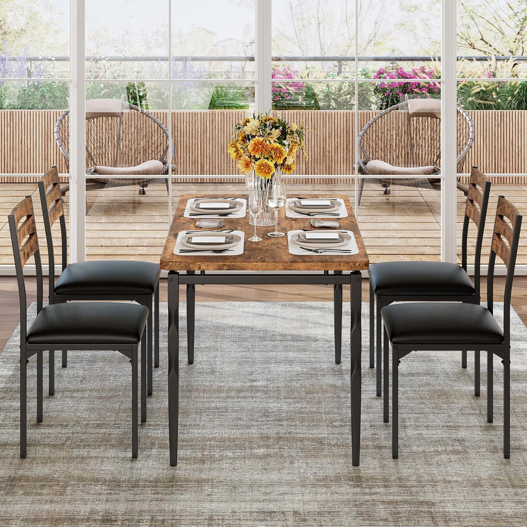Garvee 5 Piecs Dining Table Set, Farmhouse Style Dining Table and Chairs Set for 4, Dining Set for Dining Room Kitchen Apartment, Brown