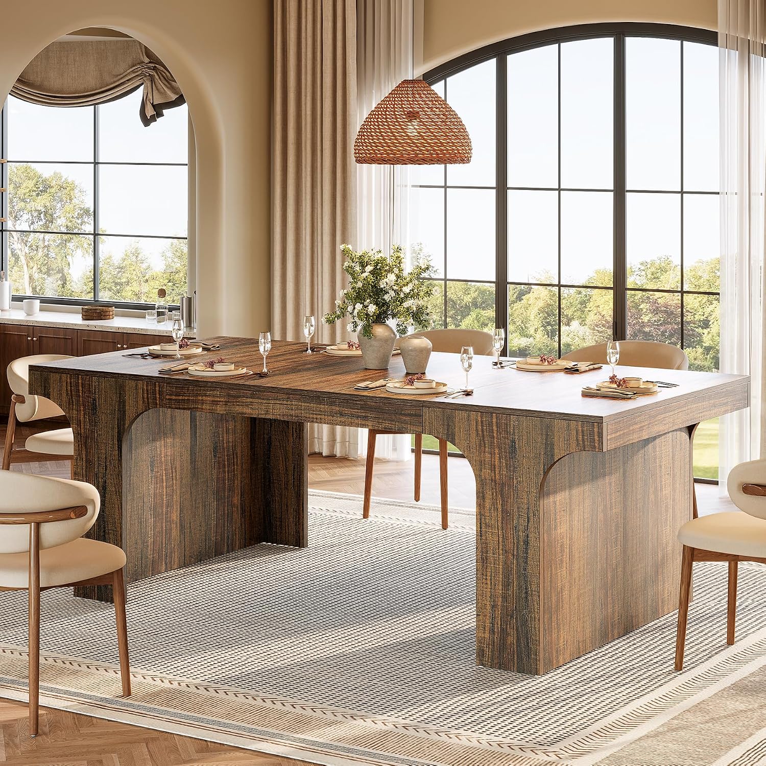 Tribesigns 71-Inch Farmhouse Dining Table for 6-8, Long Modern Wooden Kitchen Table with Arched Design, Large Rectangular Dining Furniture with Double Pedestal for Dinner Room, Rustic Brown