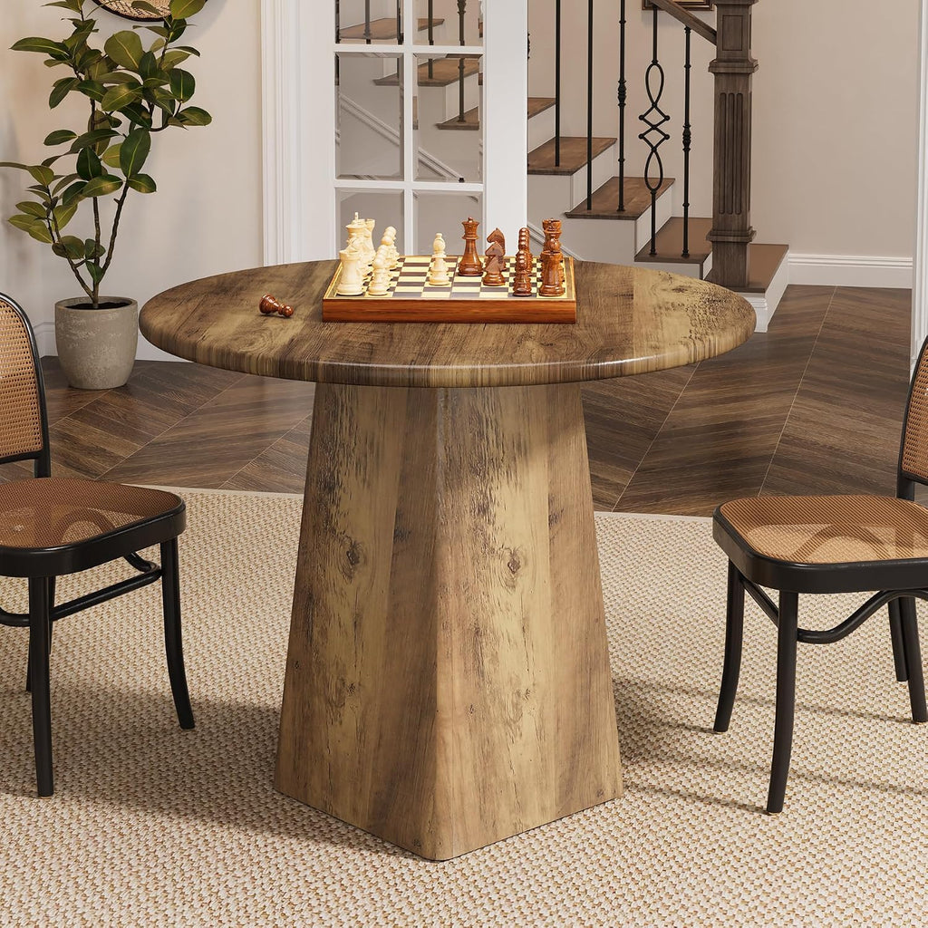 Tribesigns 31.5-Inch Round Dining Room Table for 2-4, Farmhouse Small Kitchen Dinner Table with Square Base for Dining Room Living Room, Rustic Brown