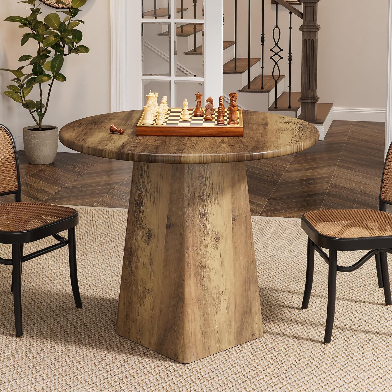 Tribesigns 31.5-Inch Round Dining Room Table for 2-4, Farmhouse Small Kitchen Dinner Table with Square Base for Dining Room Living Room, Rustic Brown