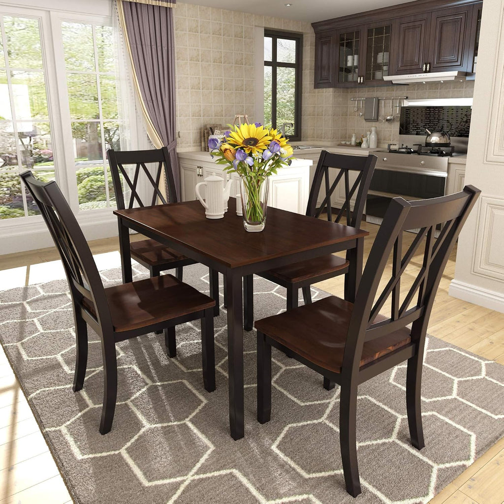 Harper & Bright Designs 5-Piece Wood Dining Table Set for 4, Kitchen Furniture Set with 4 High Back Dining Chairs for Small Places, Espresso+Black