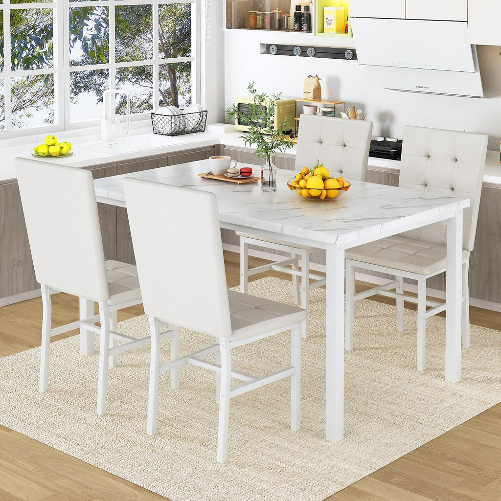 AWQM Dining Table Set for 4,Faux Marble Kitchen Table and Chairs Set of 4, Modern Dining Room Table Set for 4,Dinner Table with 4 Leather Chairs, Dinette Set for Small Spaces,White