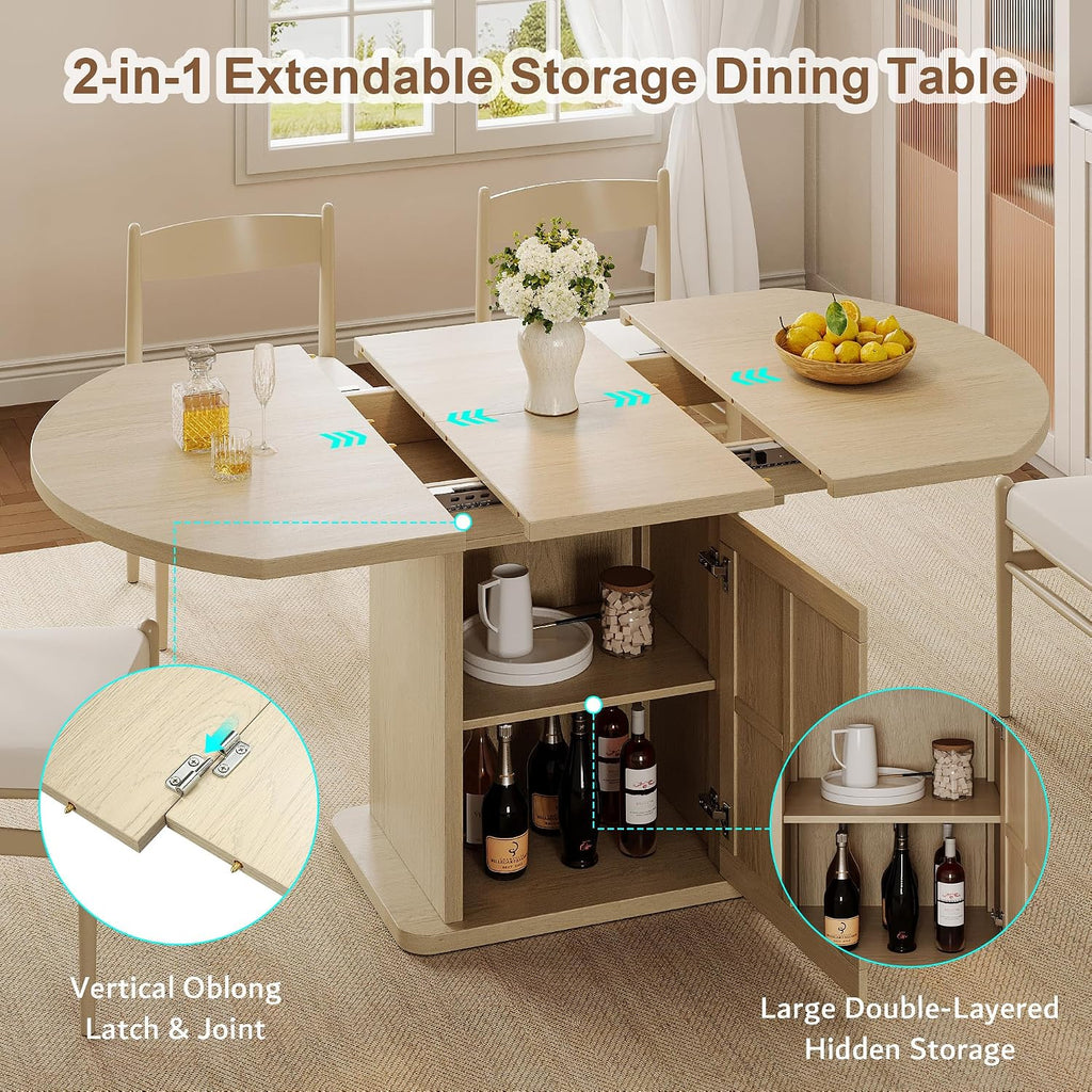 iPormis Round Dining Table for 4-6, 59'' Extendable Dining Room Kitchen Table with 2-Tier Storage Shelf, Wood Dinner Table with Door & Pedestal Base, for Kitchen Living Room, Space Saving, Natural