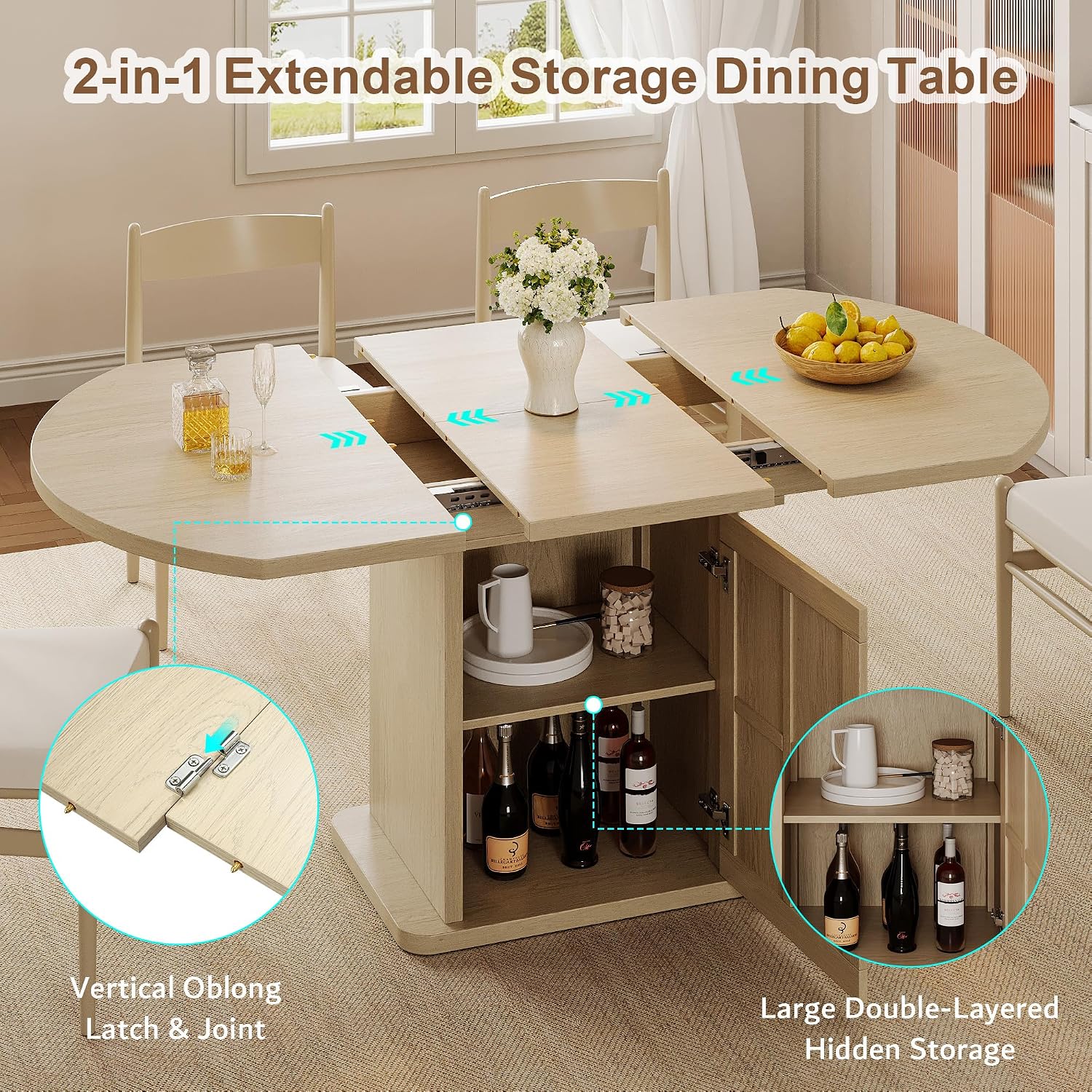 iPormis Round Dining Table for 4-6, 59'' Extendable Dining Room Kitchen Table with 2-Tier Storage Shelf, Wood Dinner Table with Door & Pedestal Base, for Kitchen Living Room, Space Saving, Natural