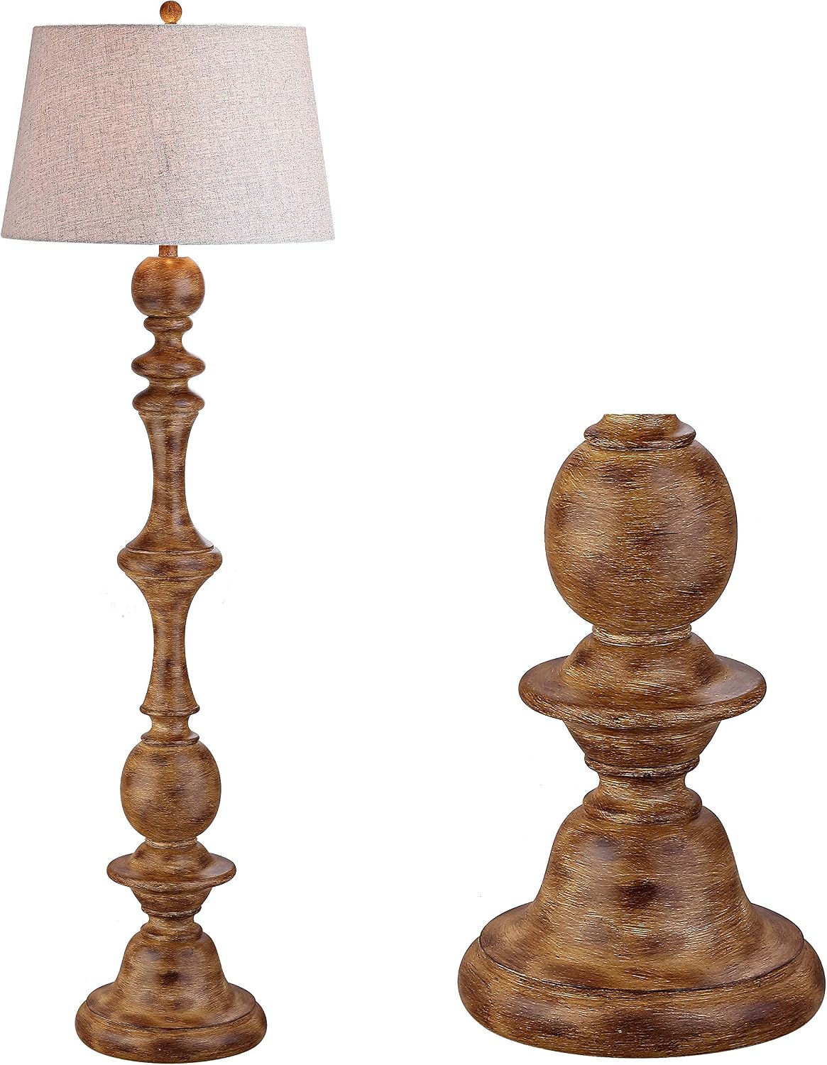 JONATHAN Y 67' Brown Spindled Resin LED Floor Lamp, Rustic Farmhouse Faux Bois Standing Lamp, Gray Linen Drum Shade for Living Room, Bedroom, LED Bulb Included, UL Listed JYL3000A