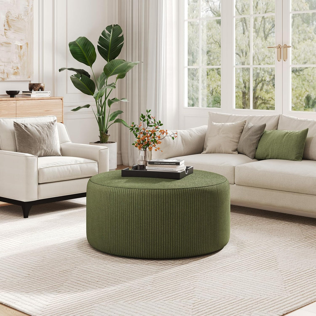 Christopher Knight Home GAVI Corduroy Ottoman Foot Stool, 30' Pouf Footstool Ottoman Seat, Upholstered Foot Chair, Round Footrest, Modern Side Table for Living Room Bedroom Home Decor, Olive Green