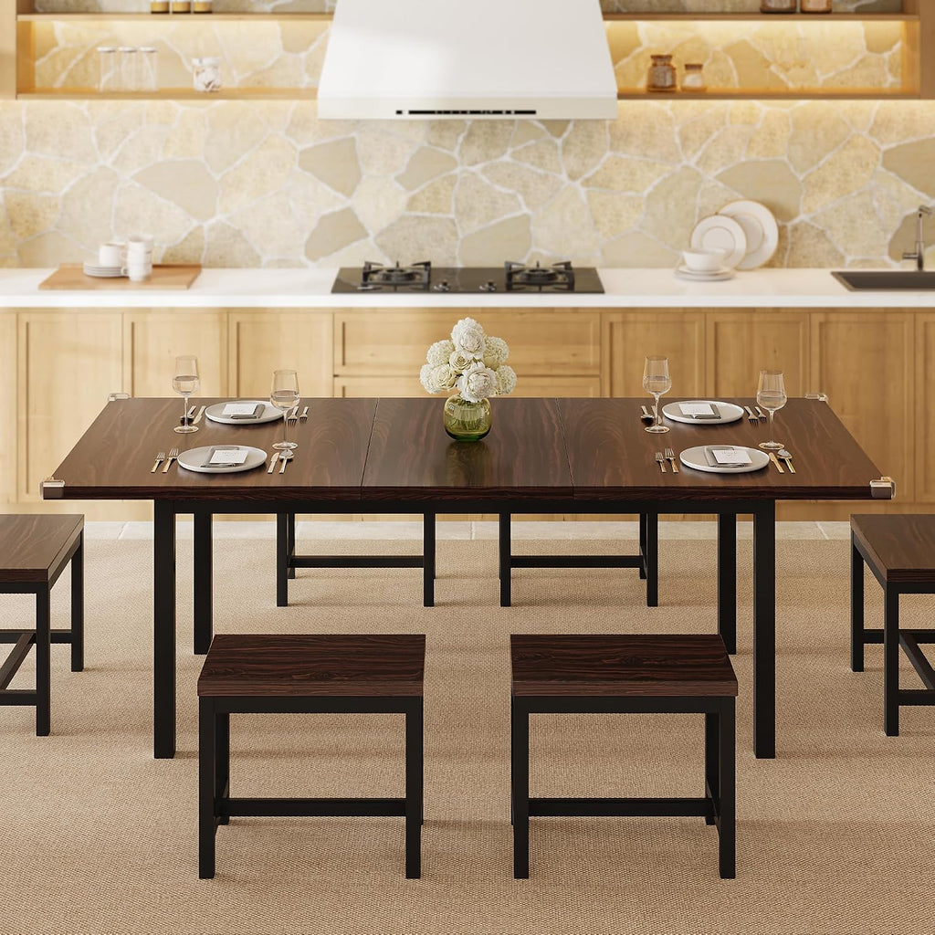 Einhomn 7-Piece Dining Table Set, 63' Extendable Kitchen Room Table with 6 Stools, Mid Century Modern Dinner Table with Metal Frame & MDF Board, Space-Saving, Easy Assembly, Espresso