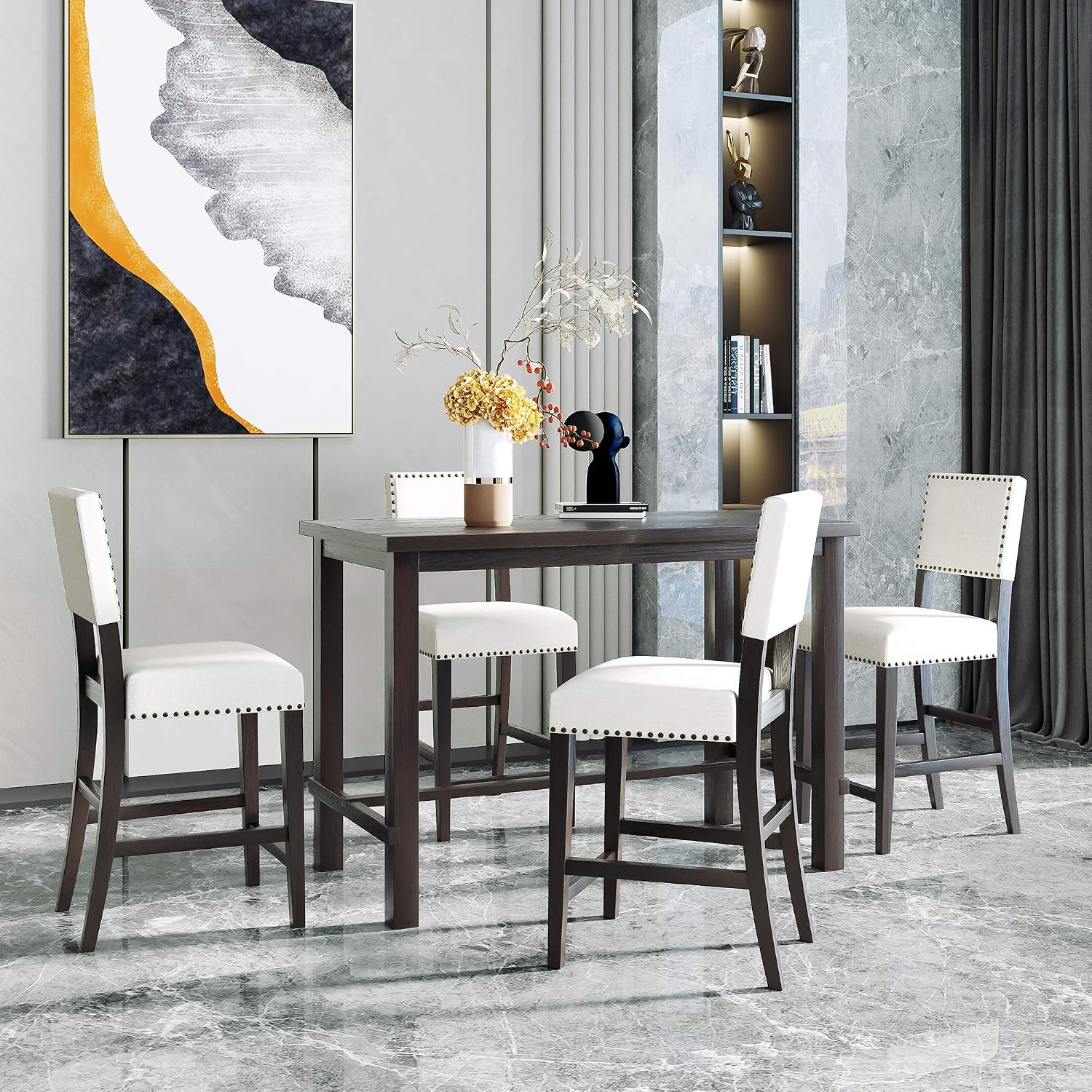 Merax 5 Piece Dining Table Set for 4,Counter Height Kitchen Table Set with One Rectangle Table and 4 Cushioned Chairs for 4 Persons Dining Room Table Set for Small Place