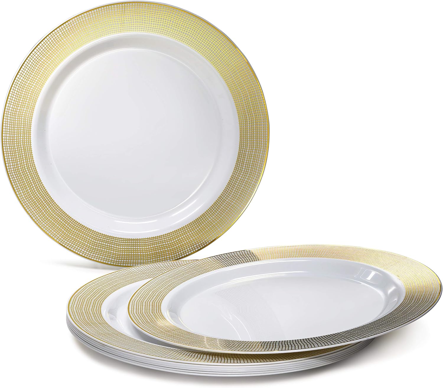' OCCASIONS ' 840pcs set (120 Guests)-Heavyweight Wedding Party Disposable Plastic Plate Set-120 x 10.5'' + 120 x 6.25'' + Gold Silverware + Cups + Napkins (Linen White & Gold)