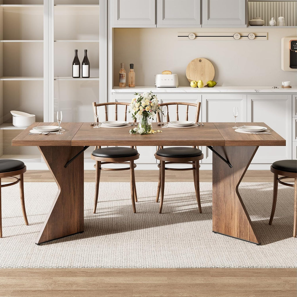 GarveeHome 70.9'' Dining Table for 6, Farmhouse Rectangular Kichen Table with Sturdy Frame and 'V' Leg, Wooden Thickened Long Desk and Dinner Desk for Dining Room, Kitchen, Office, Game Room(Retro)