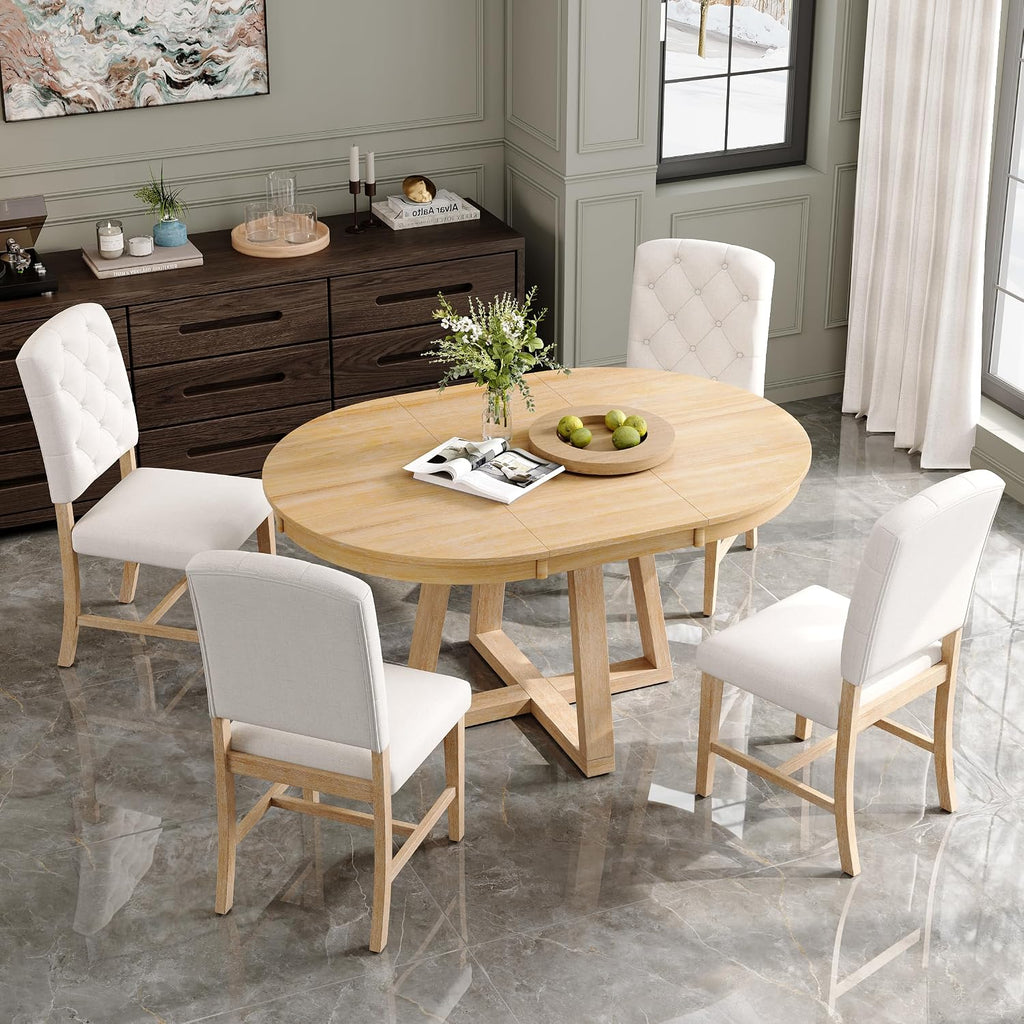 Bellemave 5-Piece Dining Table Set, Extendable Round Dining Table with 16' Removable Leaf, 4 Upholstered Button Tufted Chairs, Acacia Veneer Tabletop (Natural)