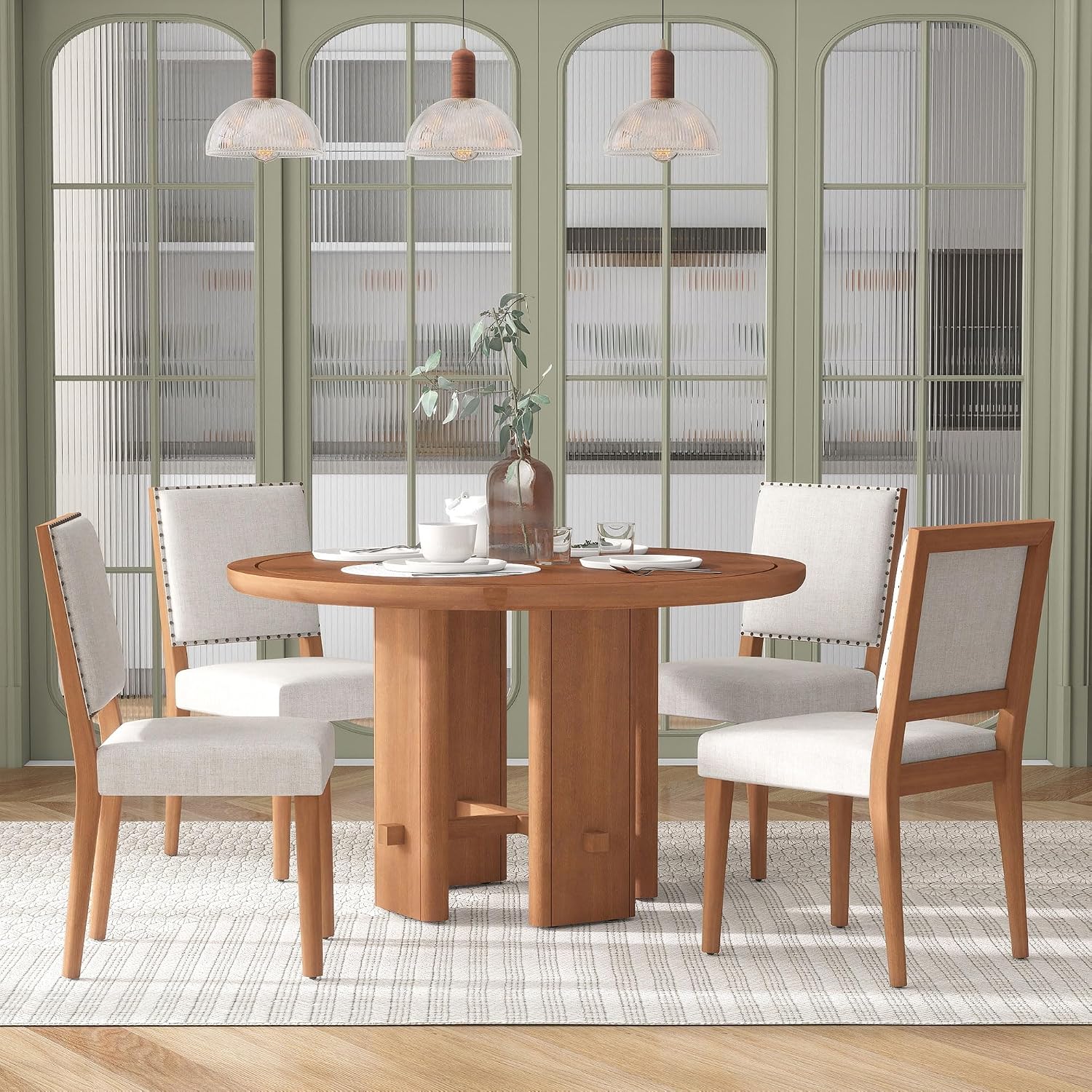 Merax 5-Piece Round Dining Table Set for 4, Minimalist Farmhouse Dining Table with 4 Upholstered Chairs, Kitchen & Dining Room Sets, Beige+Brown
