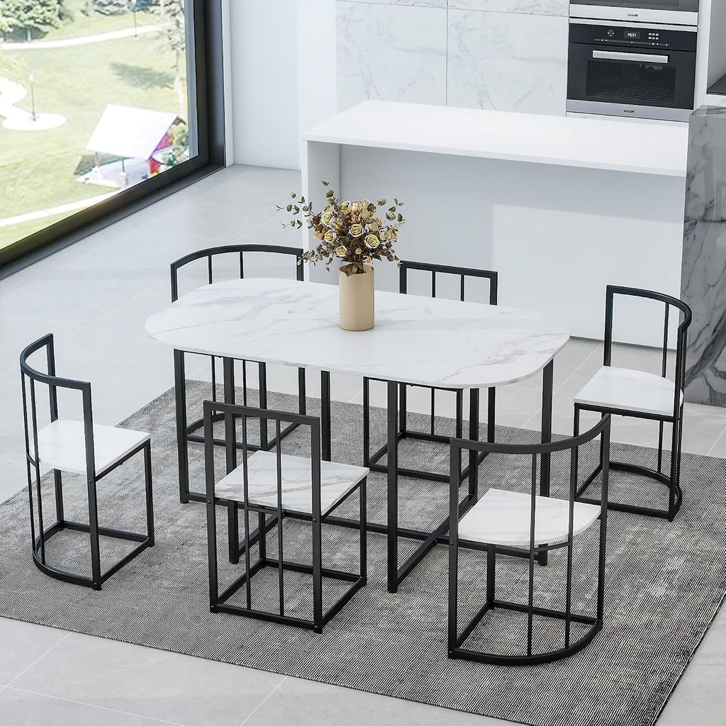7 Piece Dining Table Set, Metal Kitchen Dining Table Set with Chairs for 6 Persons for Small Space, Black White