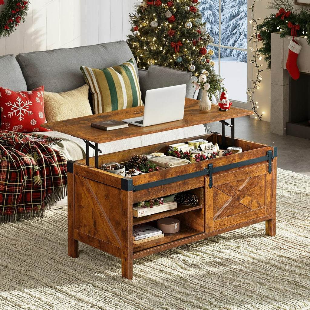 WLIVE Lift Top Coffee Table, 39.4' Farmhouse Coffee Table with Large Hidden Storage Compartment, Sliding Barn Doors, Modern Wood Center Table for Living Room, Office, Rustic Brown