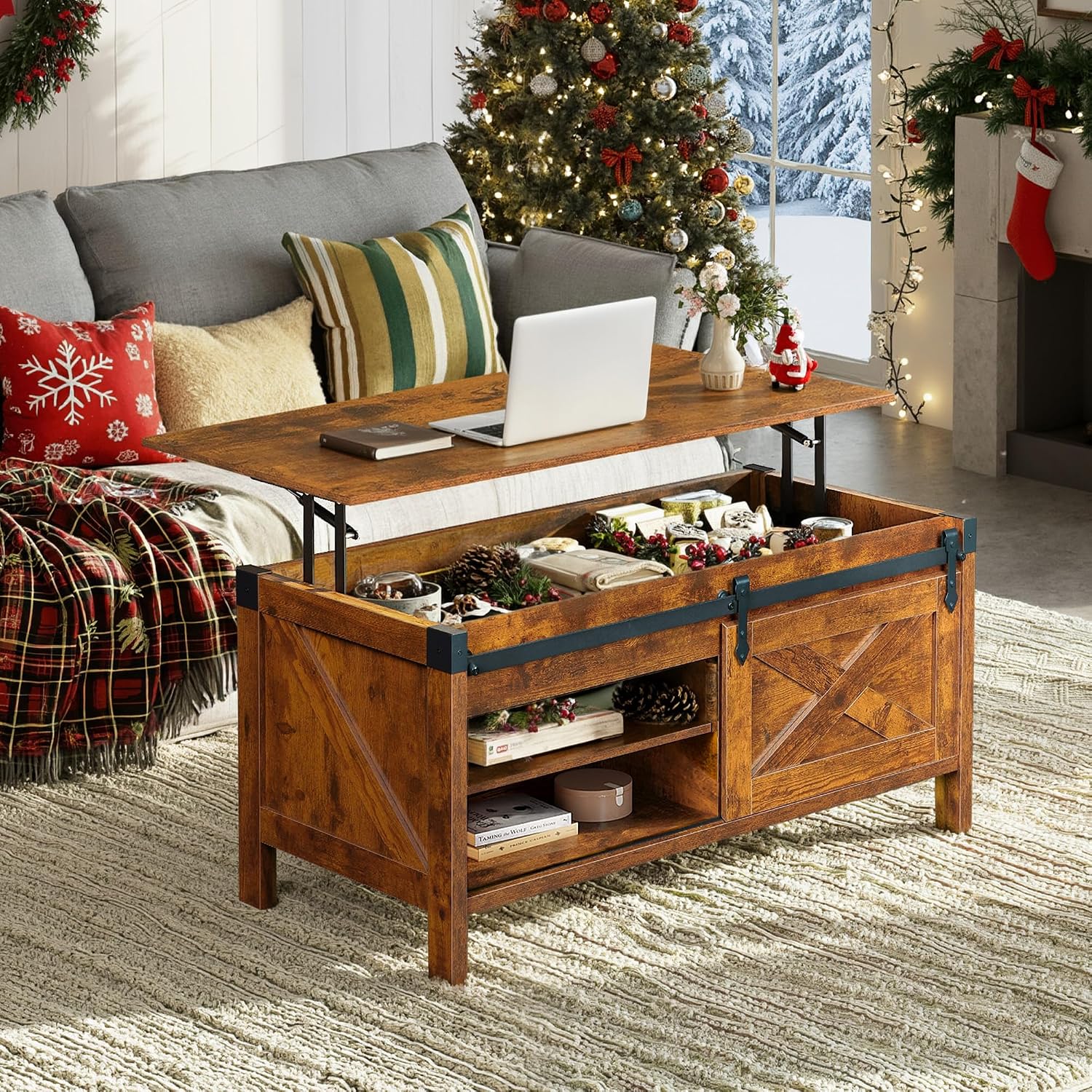 WLIVE Lift Top Coffee Table, 39.4' Farmhouse Coffee Table with Large Hidden Storage Compartment, Sliding Barn Doors, Modern Wood Center Table for Living Room, Office, Rustic Brown