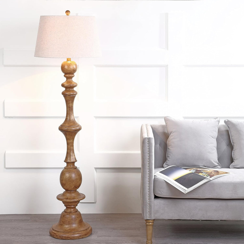 JONATHAN Y 67' Brown Spindled Resin LED Floor Lamp, Rustic Farmhouse Faux Bois Standing Lamp, Gray Linen Drum Shade for Living Room, Bedroom, LED Bulb Included, UL Listed JYL3000A